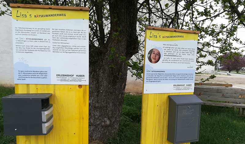 Lisa's Rätselwanderweg Infotafel mit Frage auf Lisa's Rätselwanderweg in Heldenberg