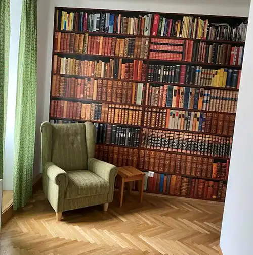 Mittendrin Appartments - Wohnzimmer mit Lesefauteil und einem großen Bücherregal